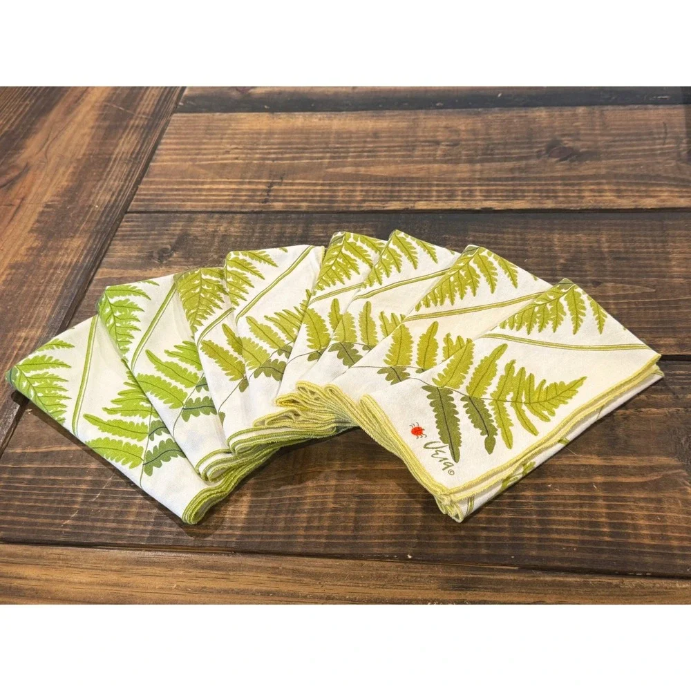 Vera Neumann Napkins Set of 8 White Green Botanical Fern Wildflower Vintage 70s